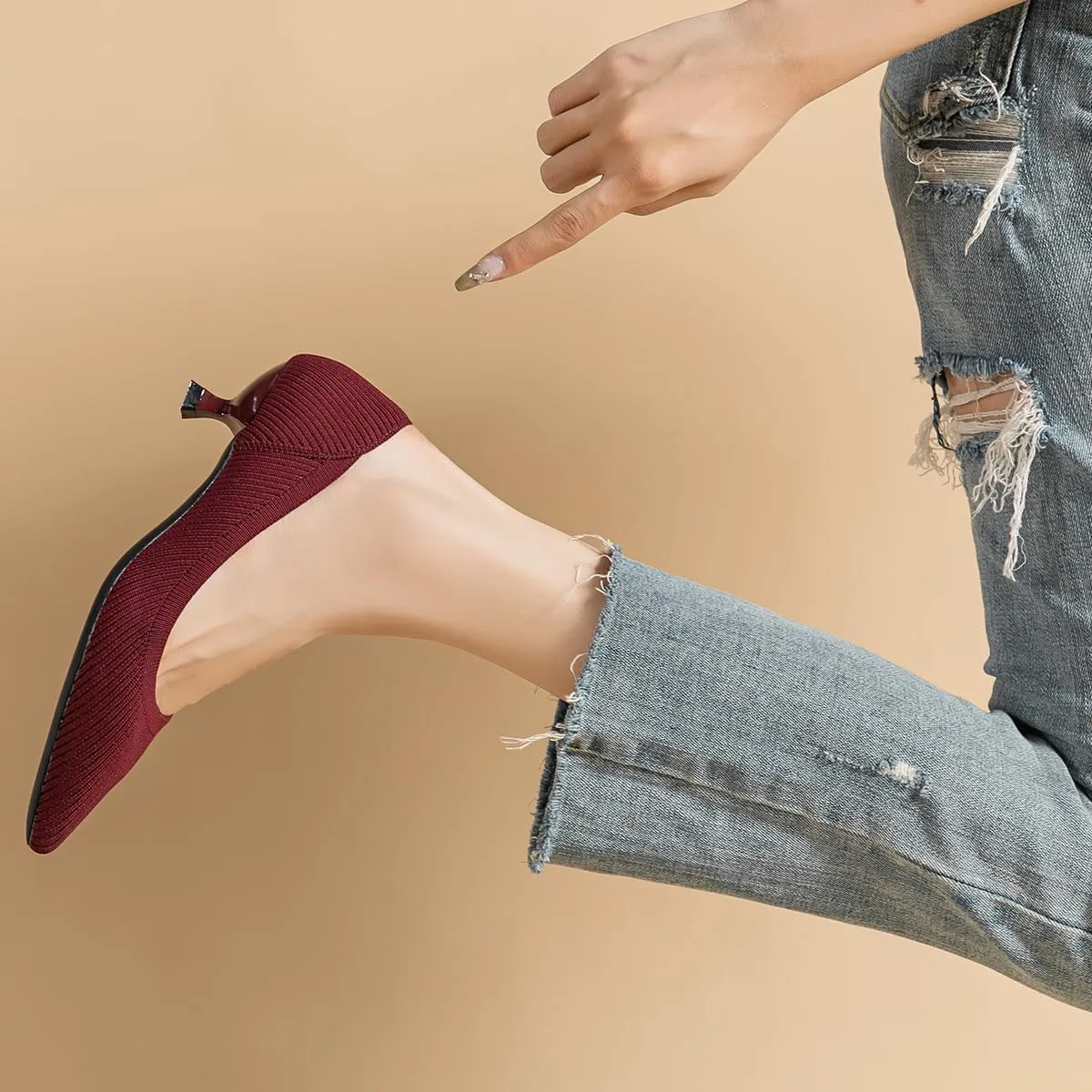 Women's Kitten Heels Pointed Toe Knit Pumps Slip On Foldable Comfortable Casual Formal Dress Shoes
