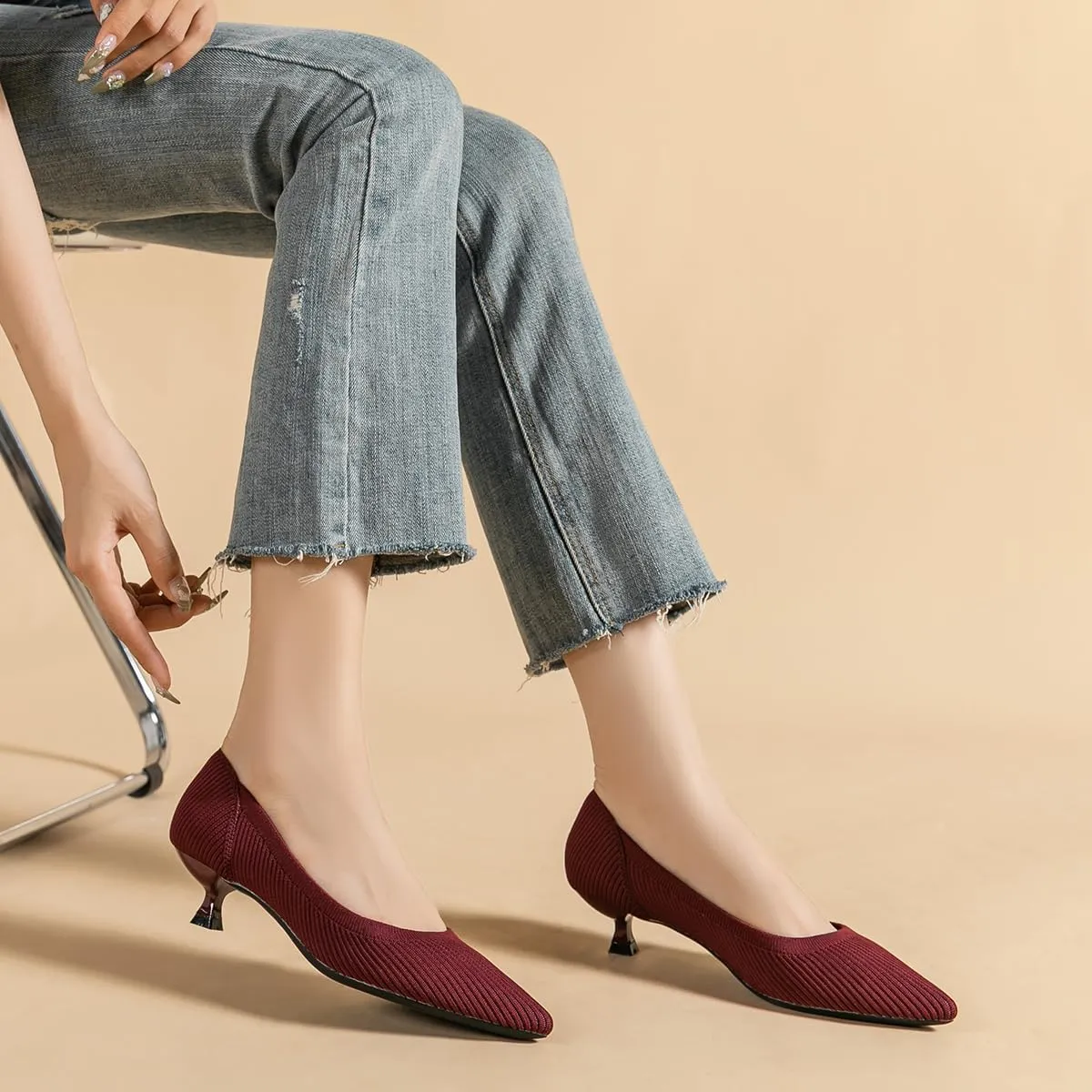Women's Kitten Heels Pointed Toe Knit Pumps Slip On Foldable Comfortable Casual Formal Dress Shoes