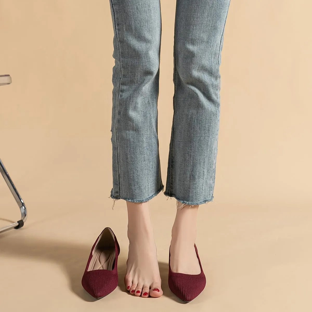 Women's Kitten Heels Pointed Toe Knit Pumps Slip On Foldable Comfortable Casual Formal Dress Shoes
