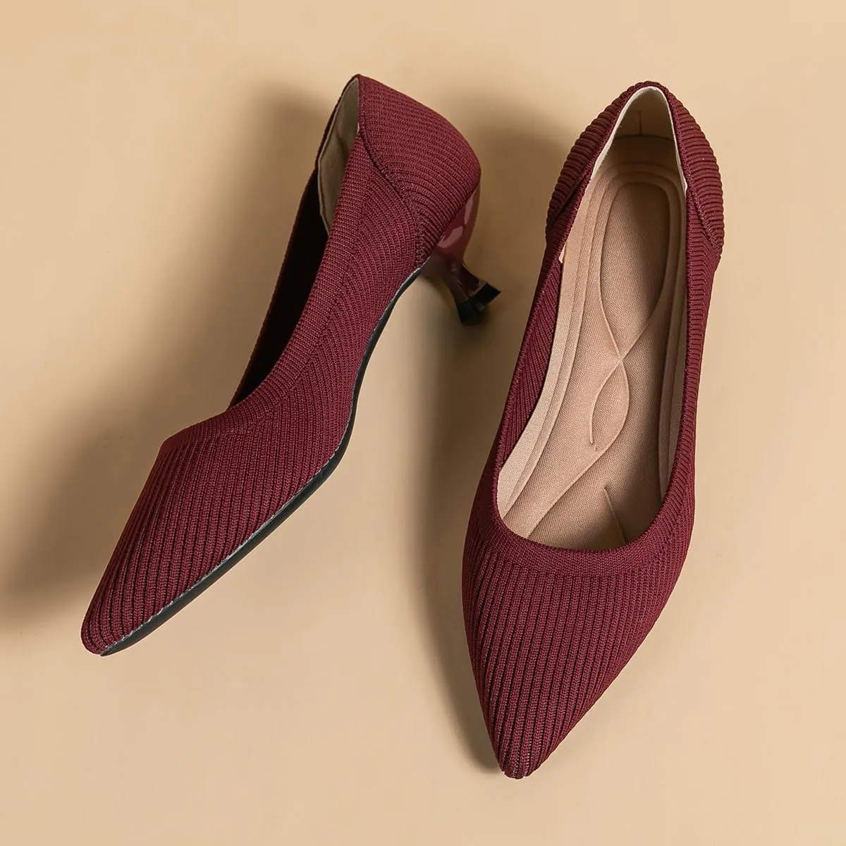 Women's Kitten Heels Pointed Toe Knit Pumps Slip On Foldable Comfortable Casual Formal Dress Shoes