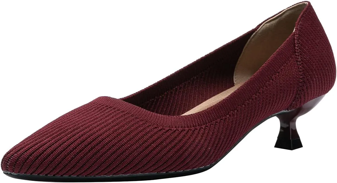 Women's Kitten Heels Pointed Toe Knit Pumps Slip On Foldable Comfortable Casual Formal Dress Shoes