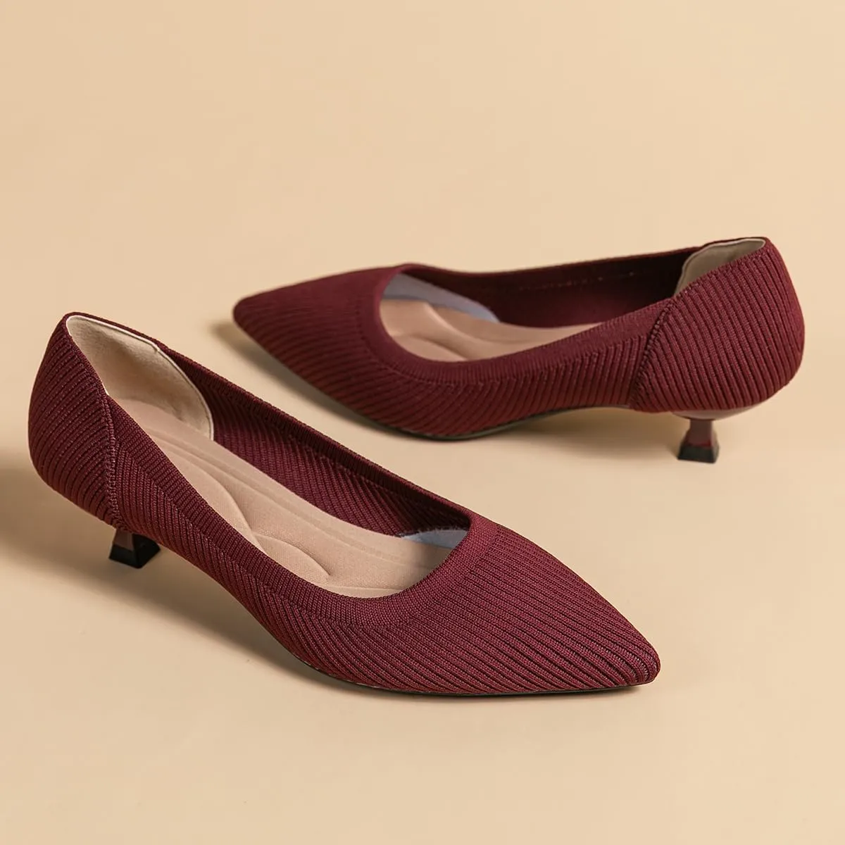 Women's Kitten Heels Pointed Toe Knit Pumps Slip On Foldable Comfortable Casual Formal Dress Shoes