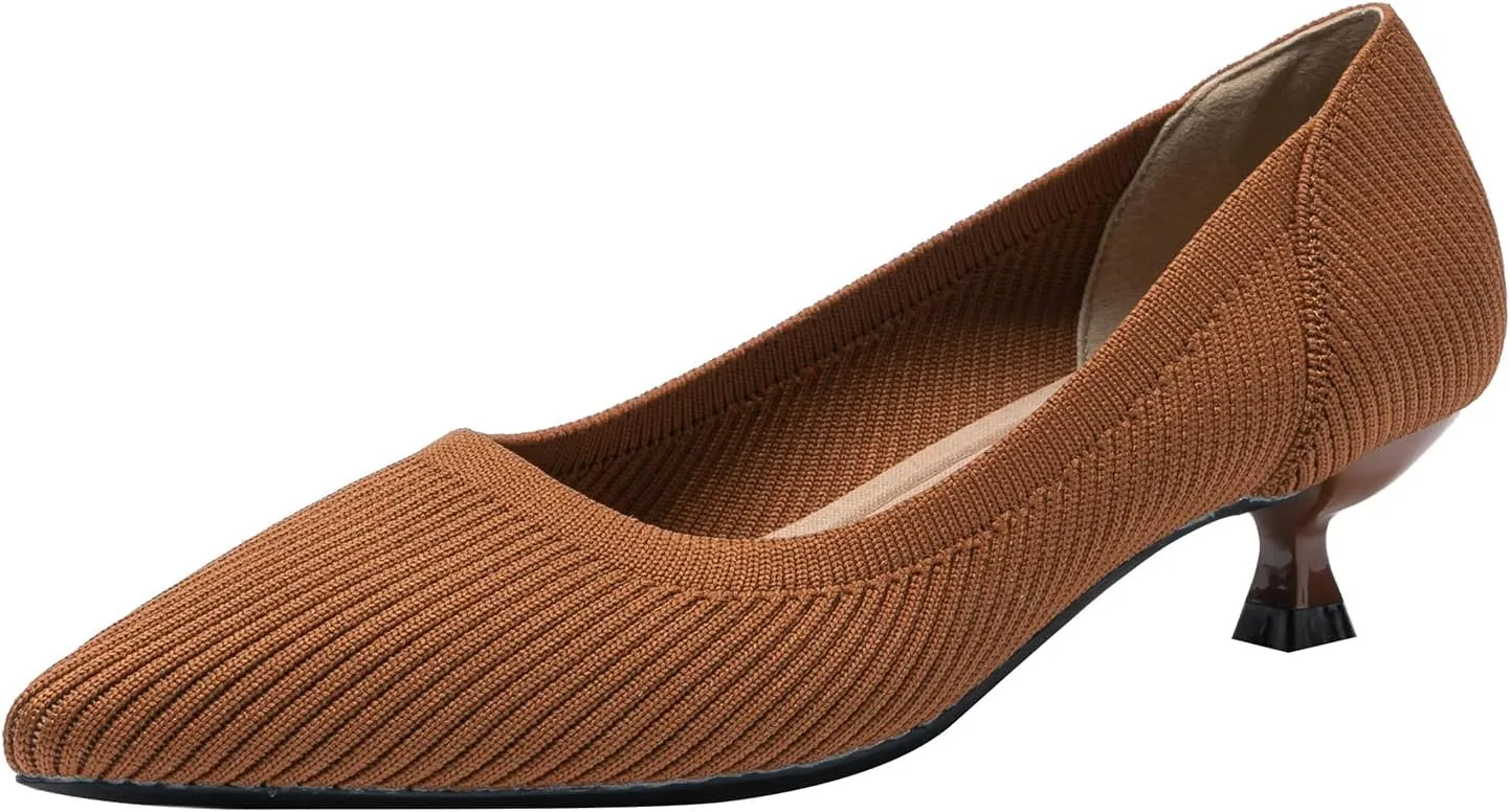 Women's Knit Kitten Heel Pumps Fashion Pointed Toe Shallow Mouth Slip On Comfortable Heels Casual Work Office Business Wedding Formal Dress Shoes