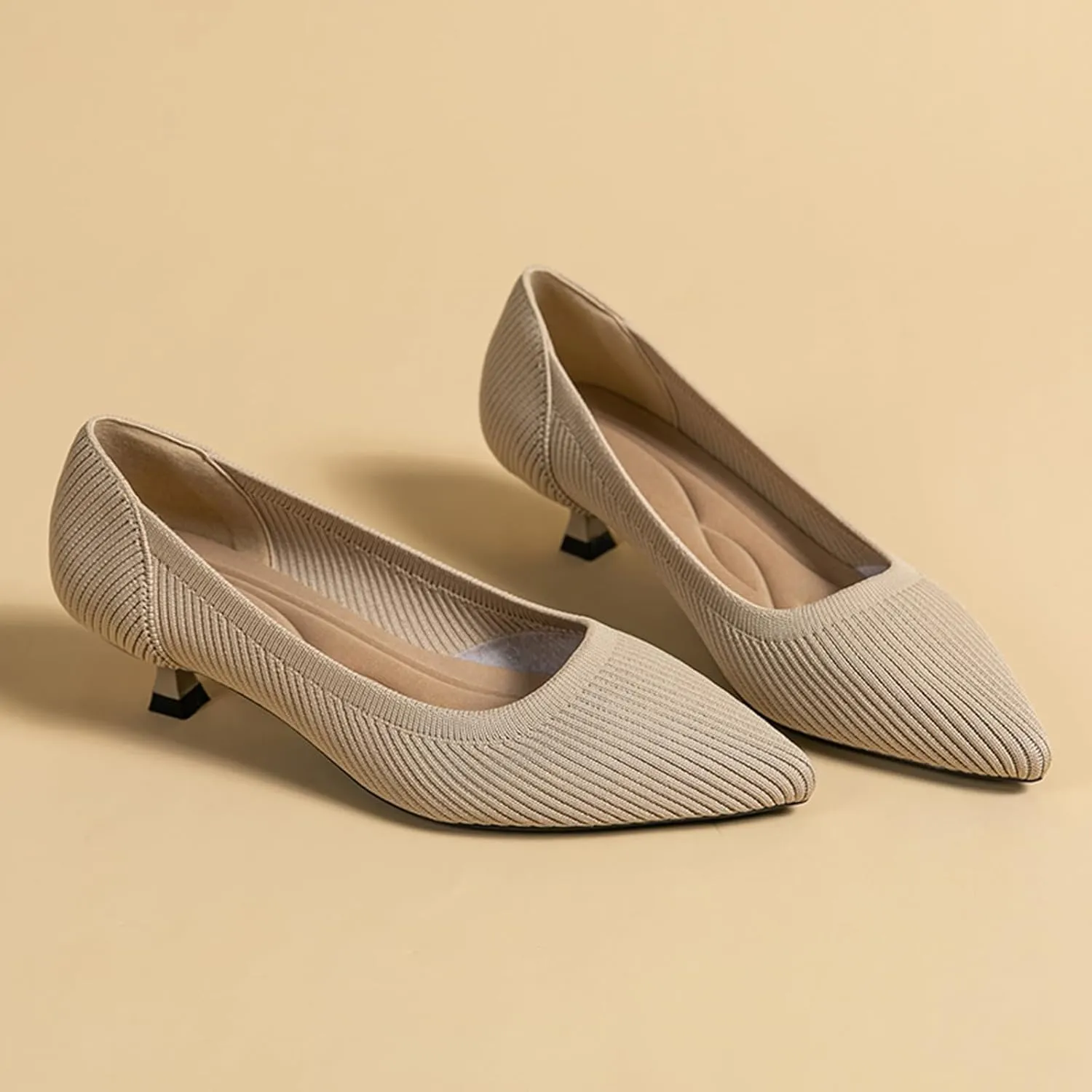 Women's Knit Kitten Heel Pumps Fashion Pointed Toe Shallow Mouth Slip On Comfortable Heels Casual Work Office Business Wedding Formal Dress Shoes