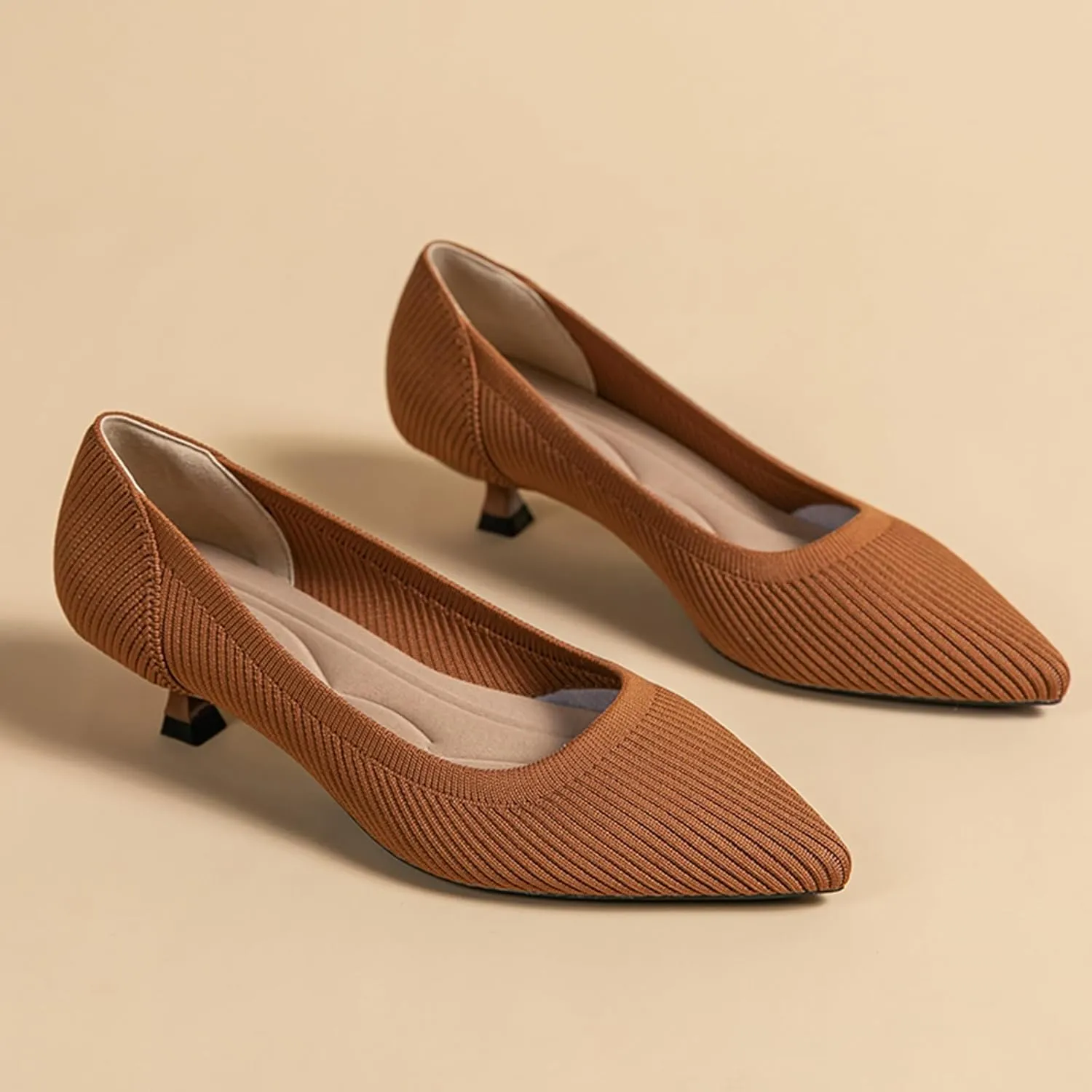 Women's Knit Kitten Heel Pumps Fashion Pointed Toe Shallow Mouth Slip On Comfortable Heels Casual Work Office Business Wedding Formal Dress Shoes