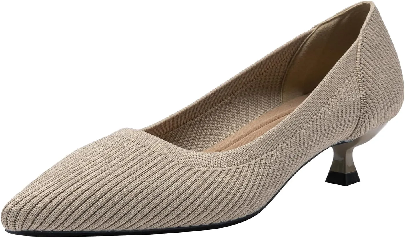 Women's Knit Kitten Heel Pumps Fashion Pointed Toe Shallow Mouth Slip On Comfortable Heels Casual Work Office Business Wedding Formal Dress Shoes