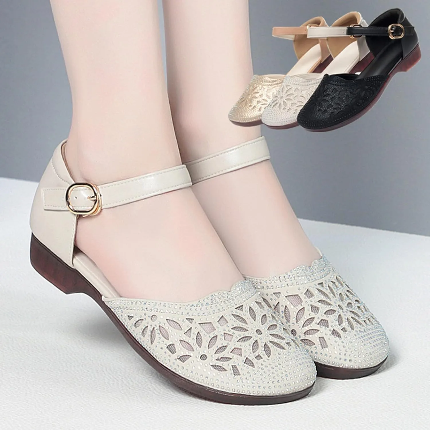 Women's Leather Meshgauze Rhinestones Backless Ankle Strap Chunky Low Heels Sandals Summer Breathable Shallow Mouth Closed Toe Round Toe Comfort Soft Sole Block Heel Sandals