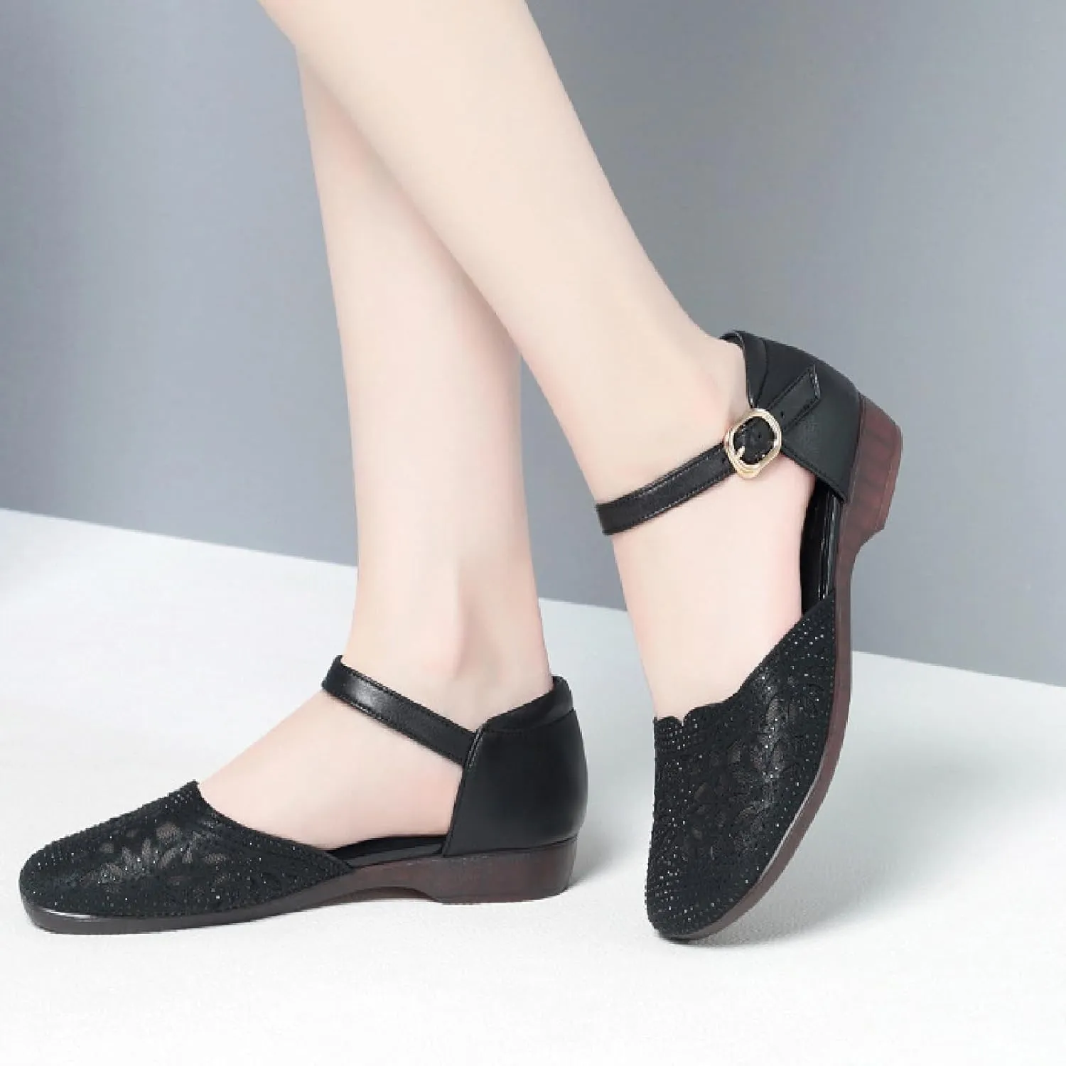 Women's Leather Meshgauze Rhinestones Backless Ankle Strap Chunky Low Heels Sandals Summer Breathable Shallow Mouth Closed Toe Round Toe Comfort Soft Sole Block Heel Sandals