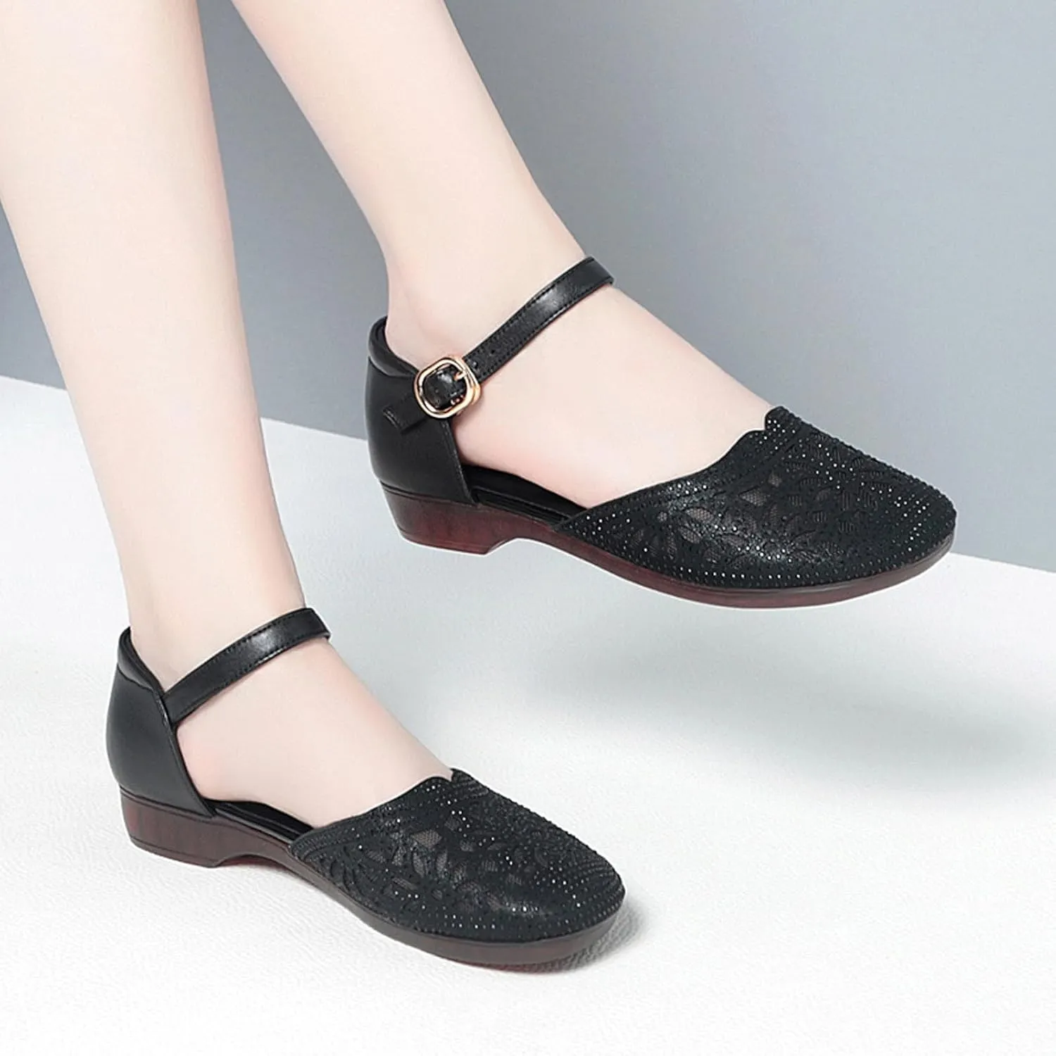 Women's Leather Meshgauze Rhinestones Backless Ankle Strap Chunky Low Heels Sandals Summer Breathable Shallow Mouth Closed Toe Round Toe Comfort Soft Sole Block Heel Sandals