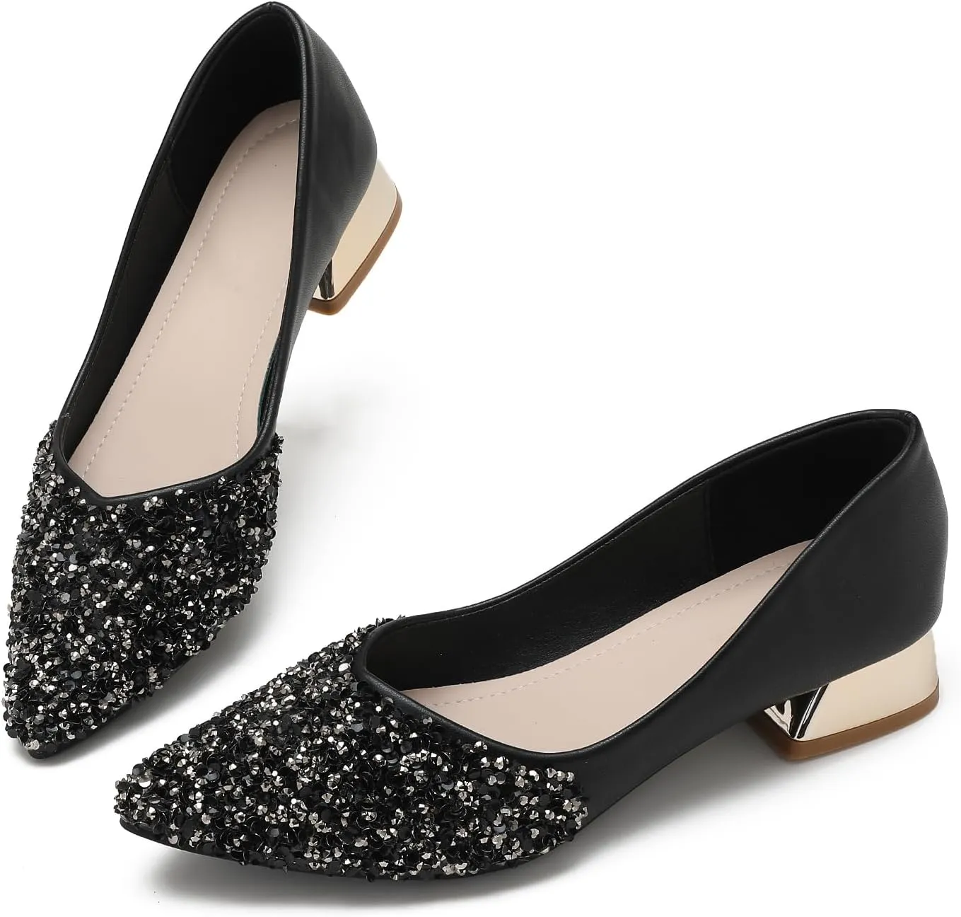Women's Pumps, Closed Toe Chunky Heels for Women, Comfortable Work Pumps Shoes, Pointed Toe Rhinestones Dress Wedding Pumps for Women