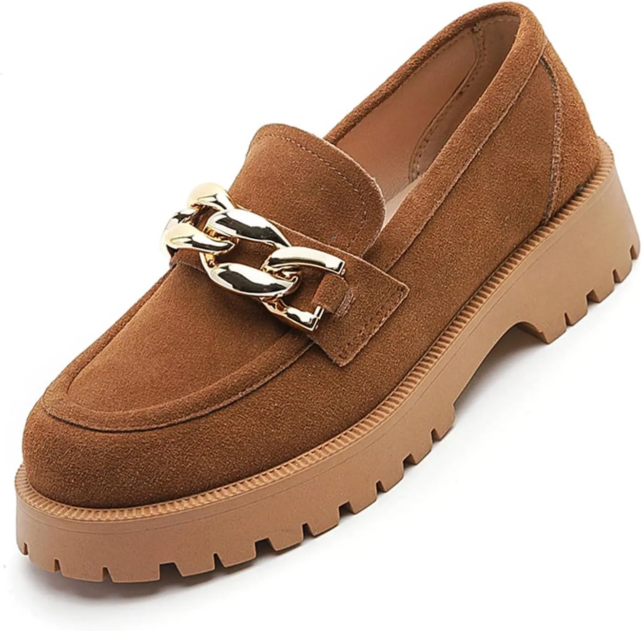 Women's Retro Suede Casual Loafers Slip-On Metal Trim Chain Thick Sole Walking Shoes Moccasin Lightweight Non-Slip Thick Sole Boat Shoes