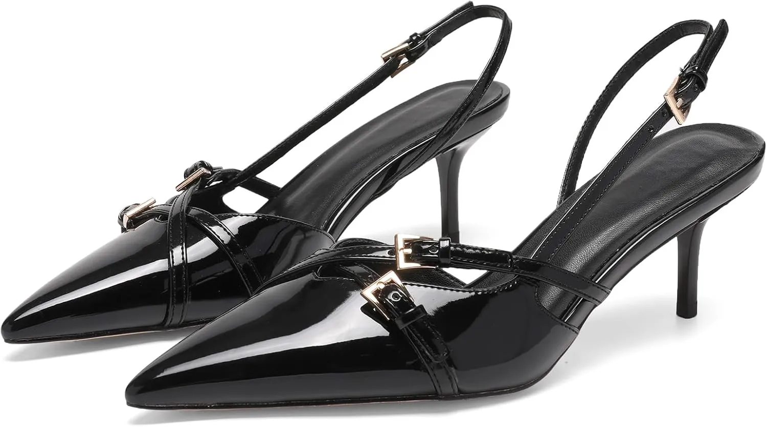 Women's Slingback Kitten Heels Buckle Strap Work Pumps Pointed Toe Slip On Comfortable Dress Shoes