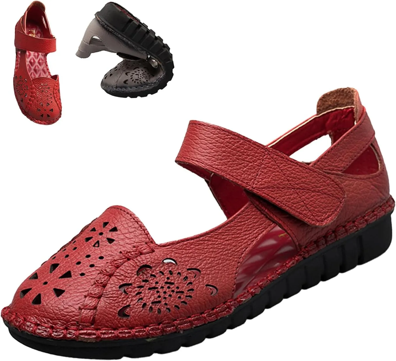 Women's Summer Leather Closed Toe Flats Sandals,Comfort Cutout Non-Slip Soft Sole Oxford Dress Casual Mary Jane Shoes