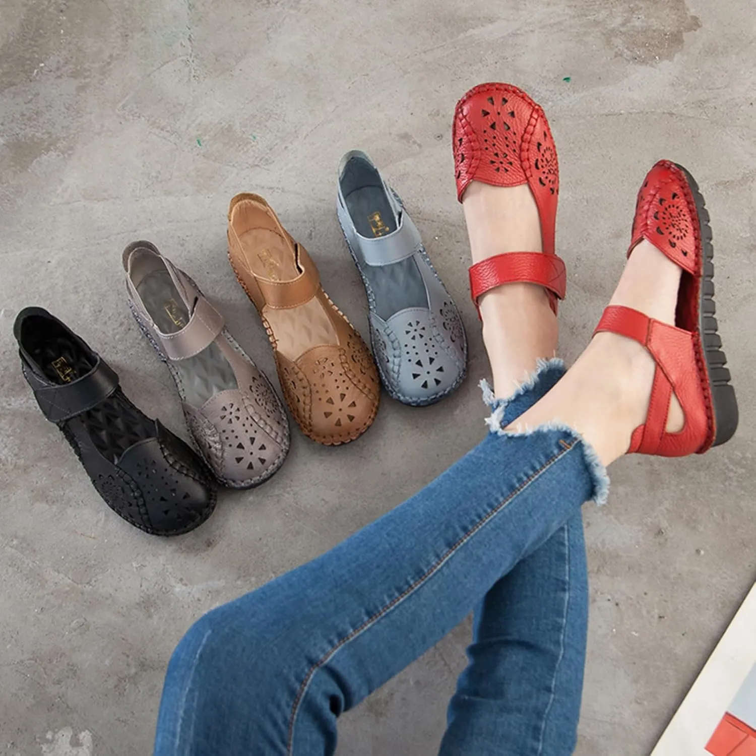 Women's Summer Leather Closed Toe Flats Sandals,Comfort Cutout Non-Slip Soft Sole Oxford Dress Casual Mary Jane Shoes