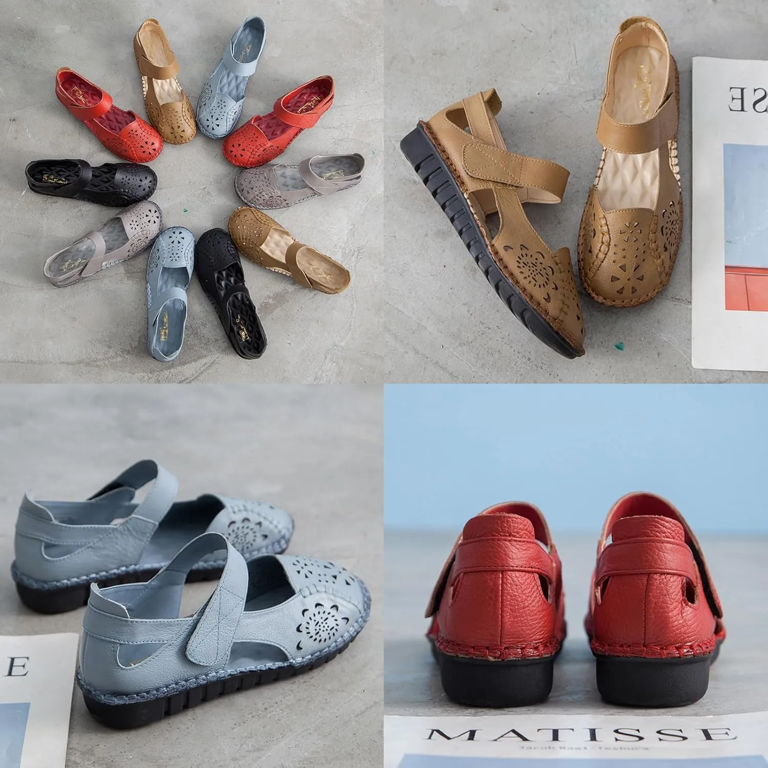 Women's Summer Leather Closed Toe Flats Sandals,Comfort Cutout Non-Slip Soft Sole Oxford Dress Casual Mary Jane Shoes