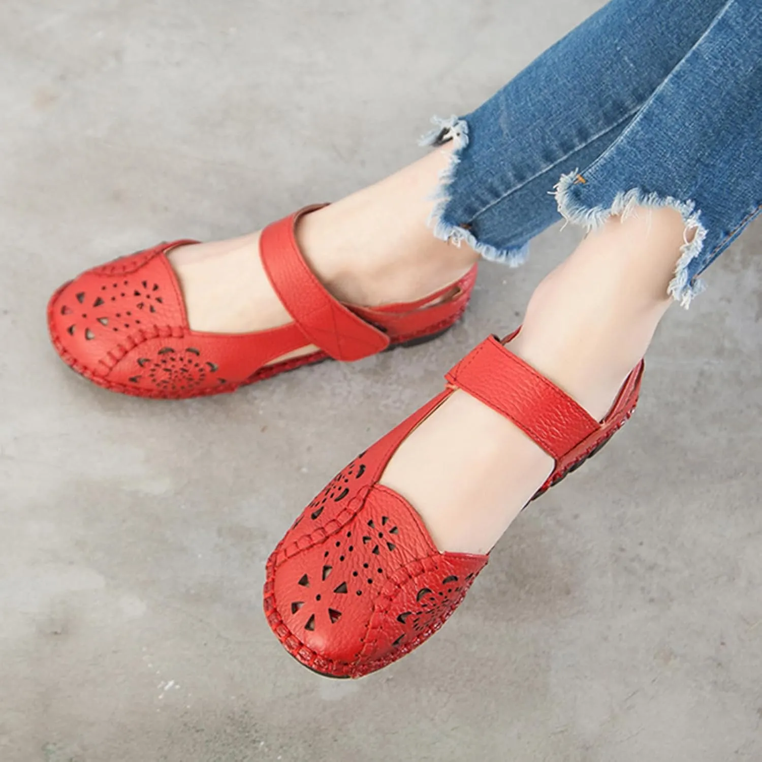 Women's Summer Leather Closed Toe Flats Sandals,Comfort Cutout Non-Slip Soft Sole Oxford Dress Casual Mary Jane Shoes