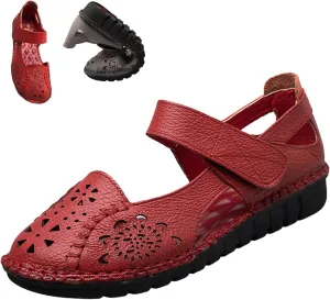 Women's Summer Leather Closed Toe Flats Sandals,Comfort Cutout Non-Slip Soft Sole Oxford Dress Casual Mary Jane Shoes
