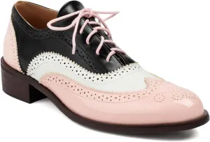 Women's Wingtips Lace Up Chunky Low Heels Oxfords Colorful Brogue Pumps Closed Toe Vintage Perforated Derby Dress Leather Shoes