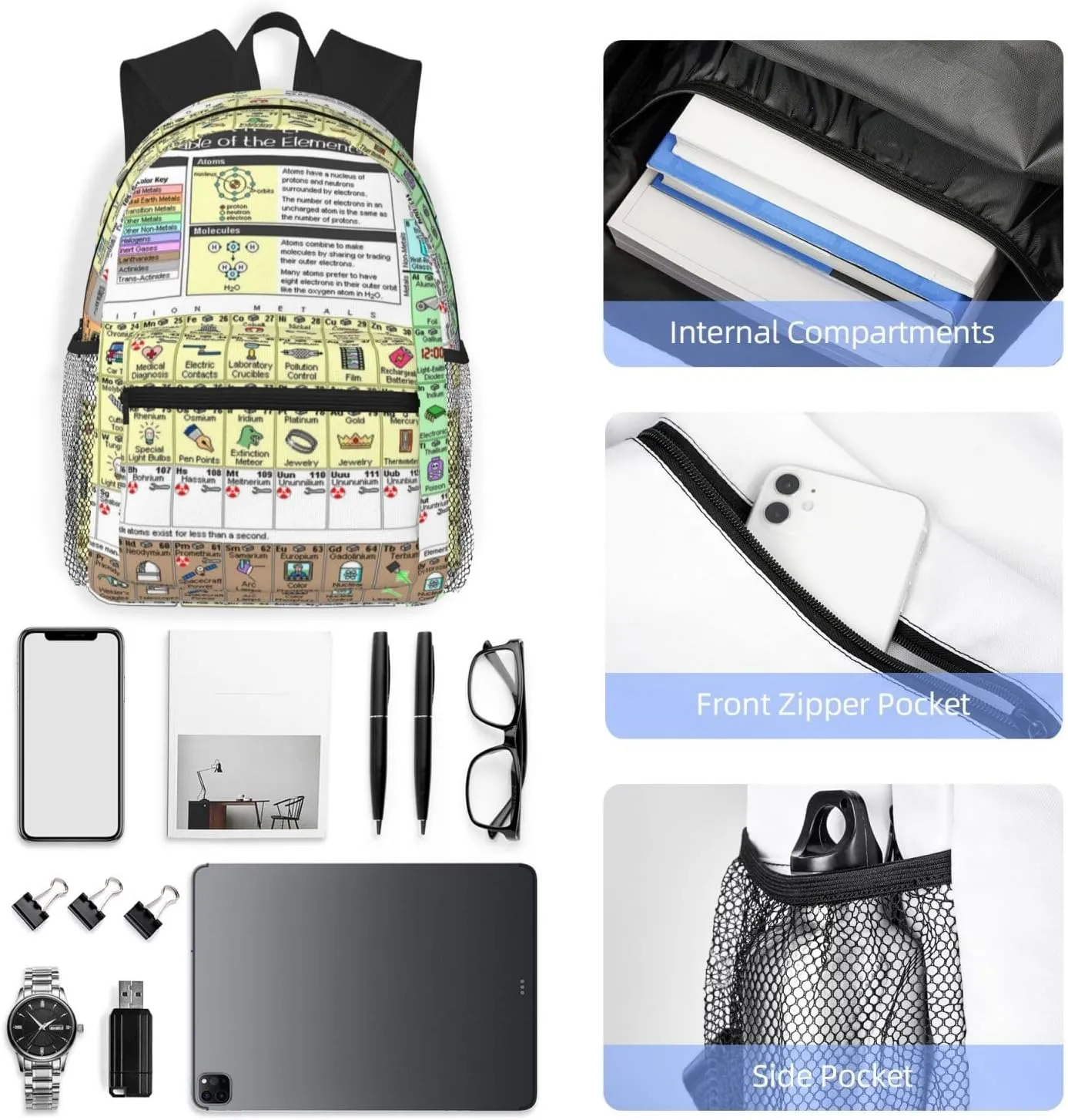Wurton Periodic Table Of Elements Print Unisex Backpack Trendy,Durable Travel Bag Sports Beach Backpack Lightweight Backpack