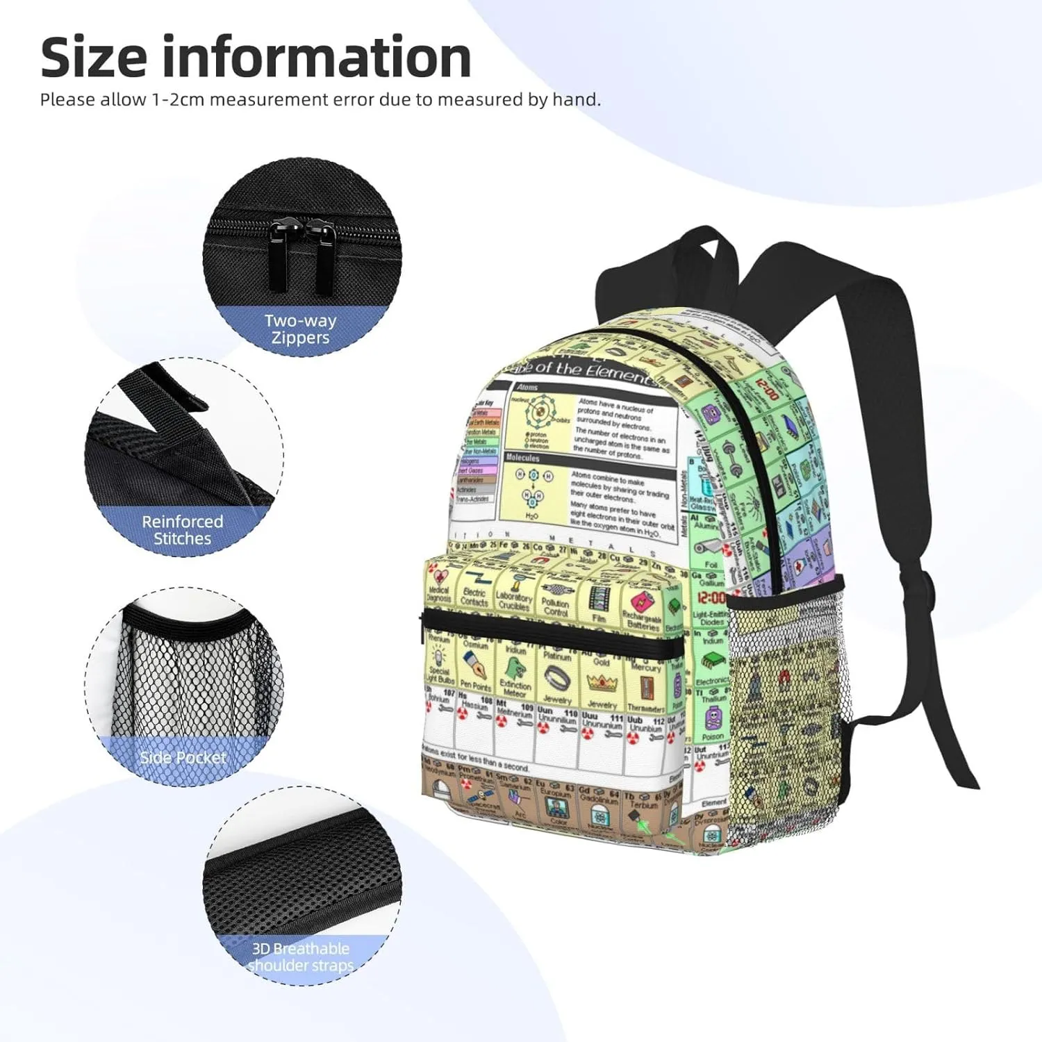 Wurton Periodic Table Of Elements Print Unisex Backpack Trendy,Durable Travel Bag Sports Beach Backpack Lightweight Backpack