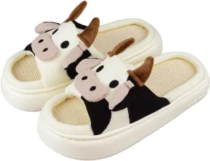 XIXITIAO Cow Slippers for Women/Men Indoor, Cute Cartoon Animal House Shoes, Comfortable Cotton Linen Bedroom Kawaii Cloud Slides
