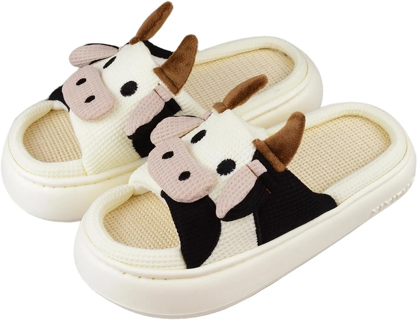 XIXITIAO Cow Slippers for Women/Men Indoor, Cute Cartoon Animal House Shoes, Comfortable Cotton Linen Bedroom Kawaii Cloud Slides