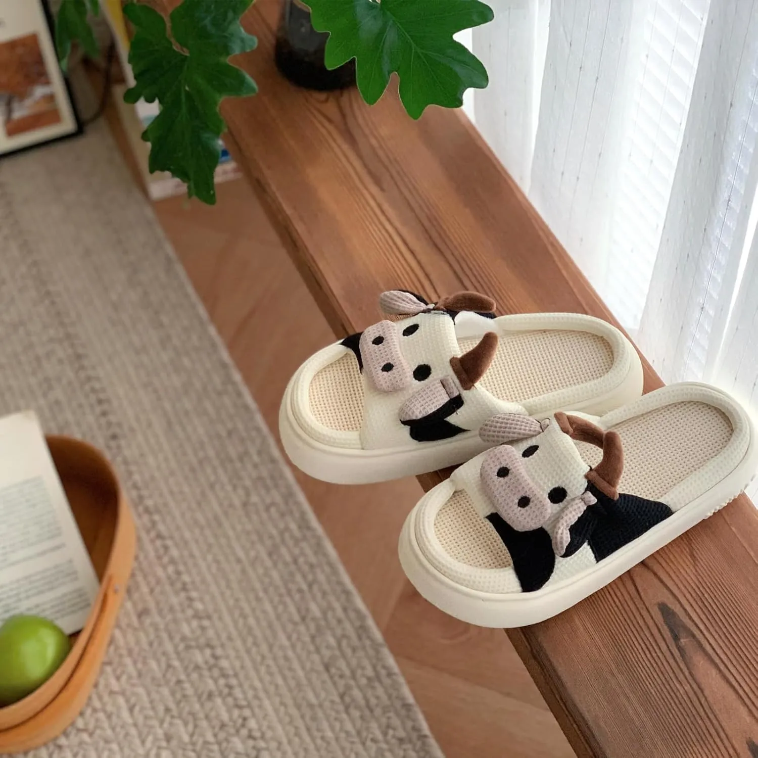 XIXITIAO Cow Slippers for Women/Men Indoor, Cute Cartoon Animal House Shoes, Comfortable Cotton Linen Bedroom Kawaii Cloud Slides
