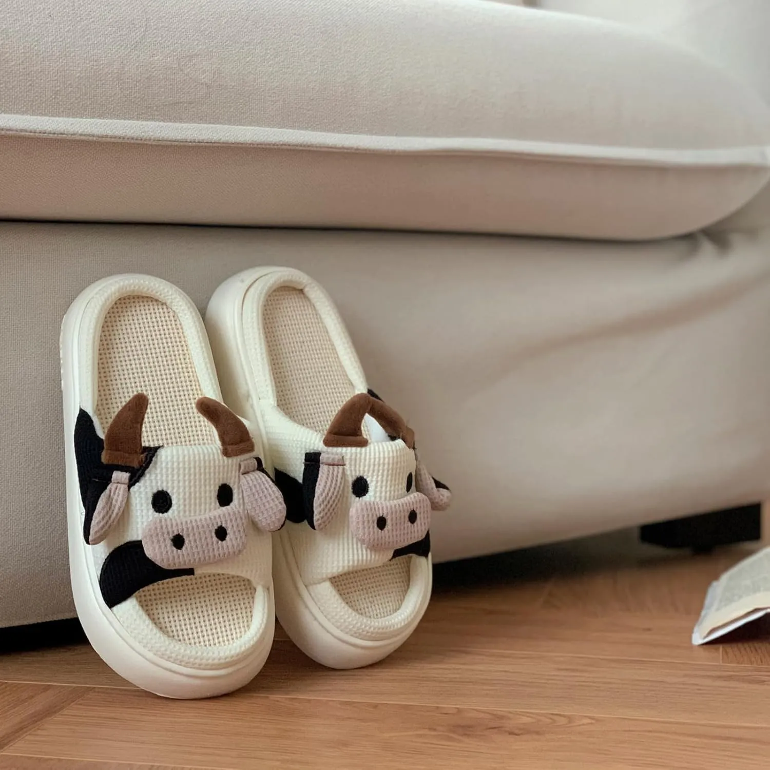 XIXITIAO Cow Slippers for Women/Men Indoor, Cute Cartoon Animal House Shoes, Comfortable Cotton Linen Bedroom Kawaii Cloud Slides