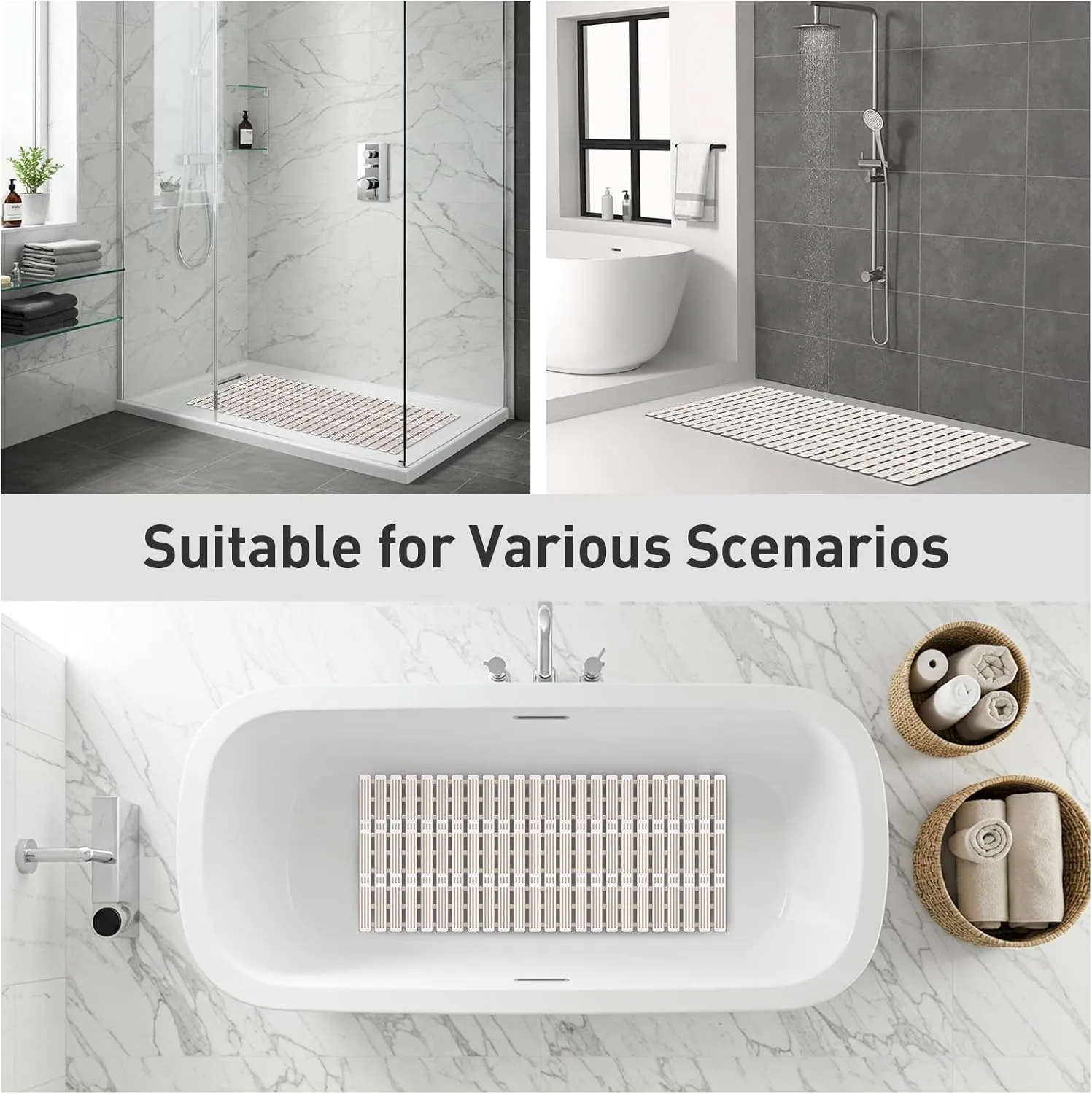 XIYUNTE Shower Mat Non Slip Bathtub Mat - 36 x 16 Inch Anti Slip Shower Mat, Anti Slip Bath Mat for Tub Non Slip, Rubber Bath Mat with Suction Cups and Drain Holes, Easy to Cut, Brown