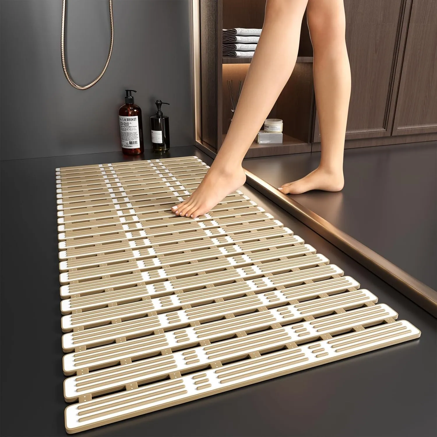 XIYUNTE Shower Mat Non Slip Bathtub Mat - 36 x 16 Inch Anti Slip Shower Mat, Anti Slip Bath Mat for Tub Non Slip, Rubber Bath Mat with Suction Cups and Drain Holes, Easy to Cut, Brown