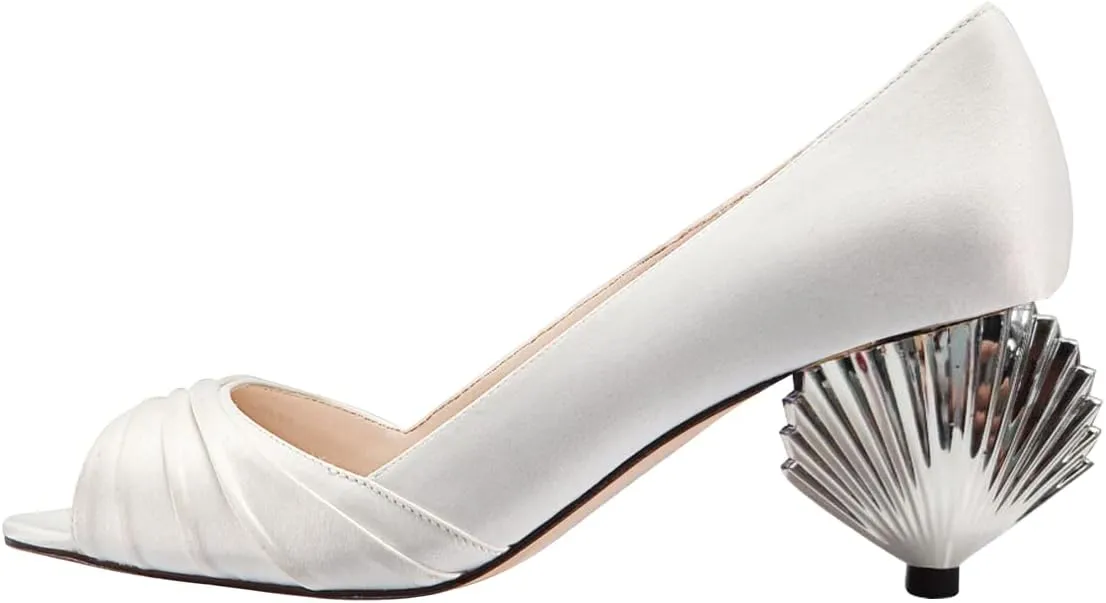 XYD Women Peep Toe Mid Scallop Shape Heel Slip On Pumps Comfortable Walking Dressy Party Event Shoes
