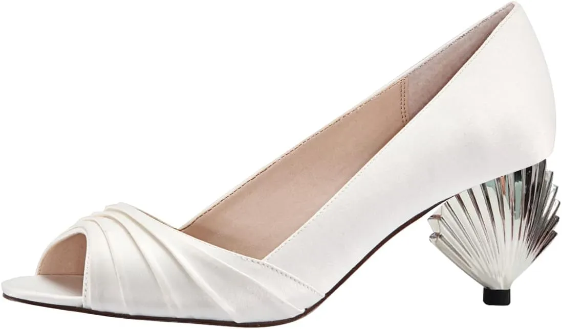 XYD Women Peep Toe Mid Scallop Shape Heel Slip On Pumps Comfortable Walking Dressy Party Event Shoes