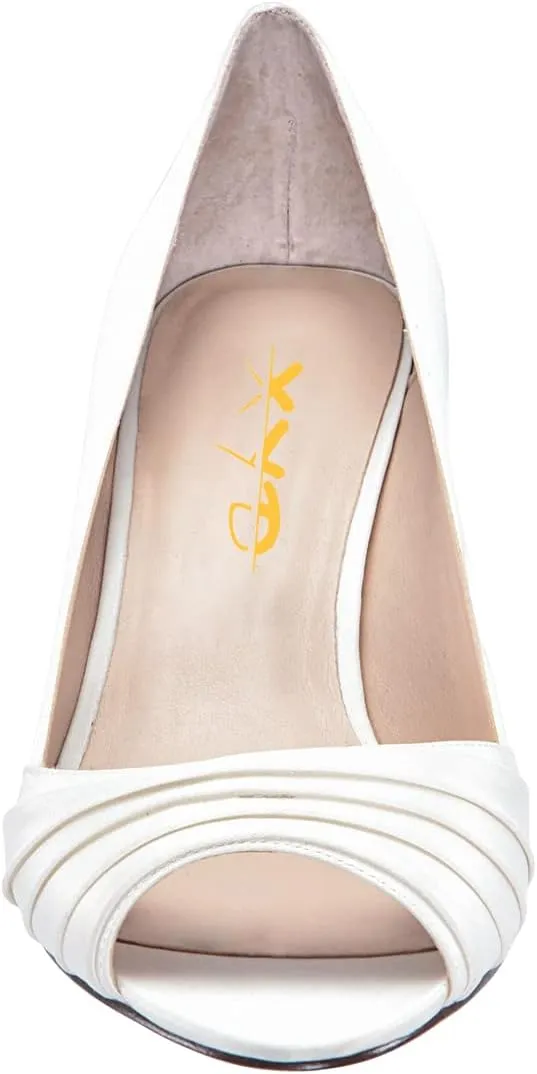 XYD Women Peep Toe Mid Scallop Shape Heel Slip On Pumps Comfortable Walking Dressy Party Event Shoes