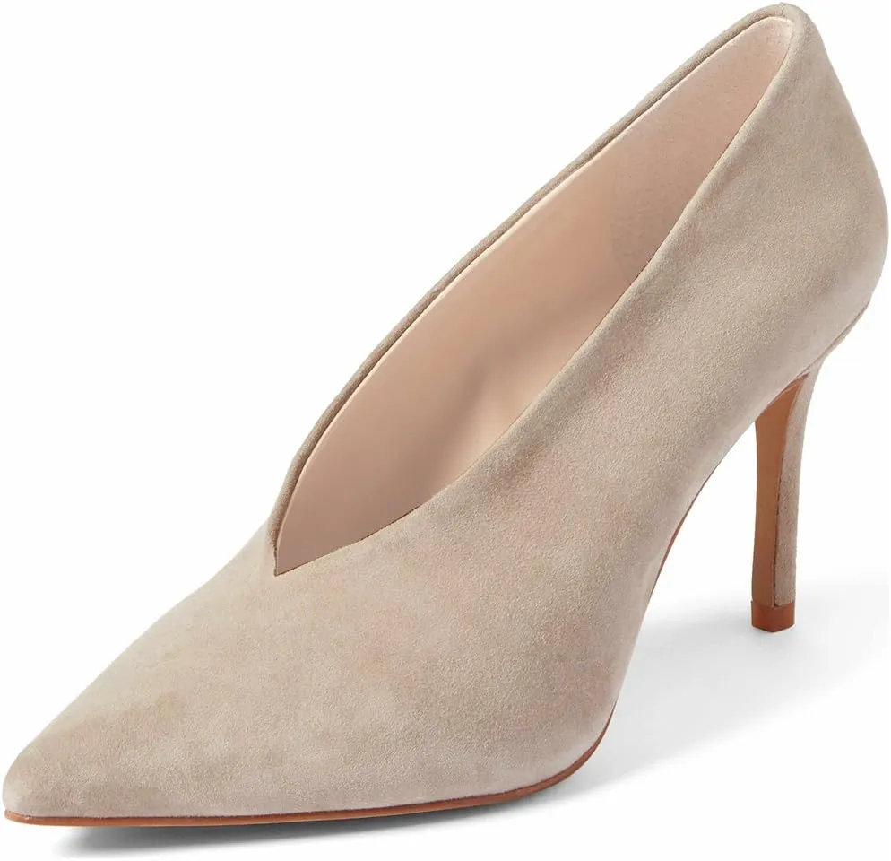 XYD Women's Fashion Suede High Heel Pumps Pointed Toe V Cut Slip On Dress Shoes