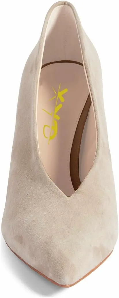 XYD Women's Fashion Suede High Heel Pumps Pointed Toe V Cut Slip On Dress Shoes
