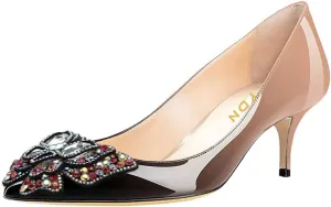 YDN Women's Fashion Low Kitten Heel Slip On Pumps Pointed Toe Butterfly Rhinestones Shoes Wedding Dress Event Size 4-16 US