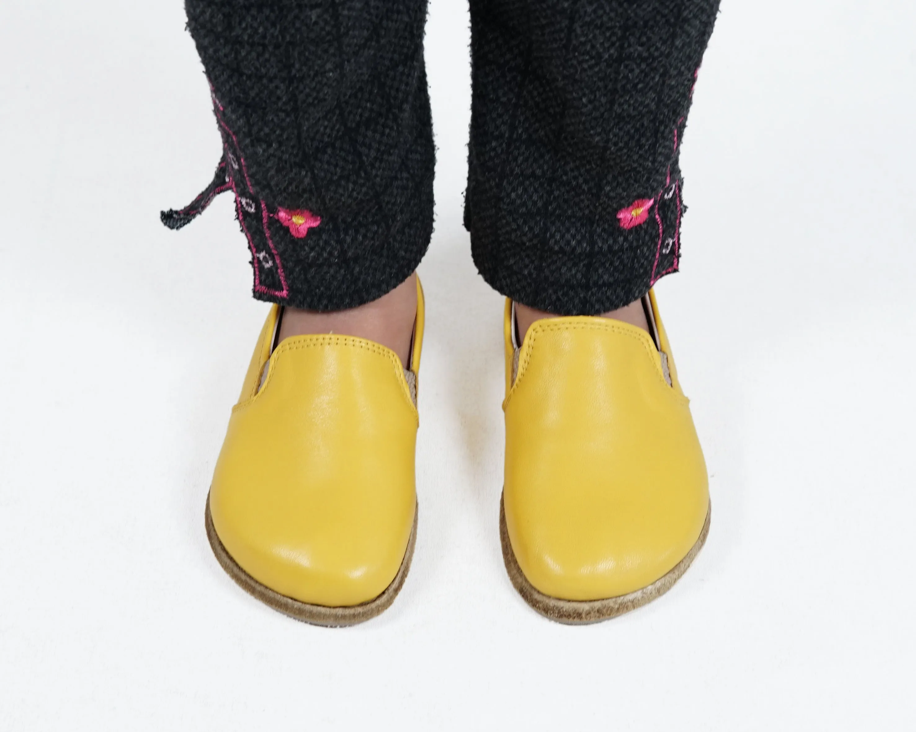 Yellow Kids Slip-On Wide Barefoot Shoes Smooth Leather Handmade Leather & Rubber Sole