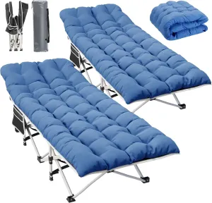 YITAHOME 2 Pcs Camping Cots w/Mattress Portable Lounge Chair Outdoor Folding Cot Heavy Duty 575 LB Capacity 1200D Oxford w/Carry Bag Travel Camp Bed for Camping, Office, Traveling, Navy Blue