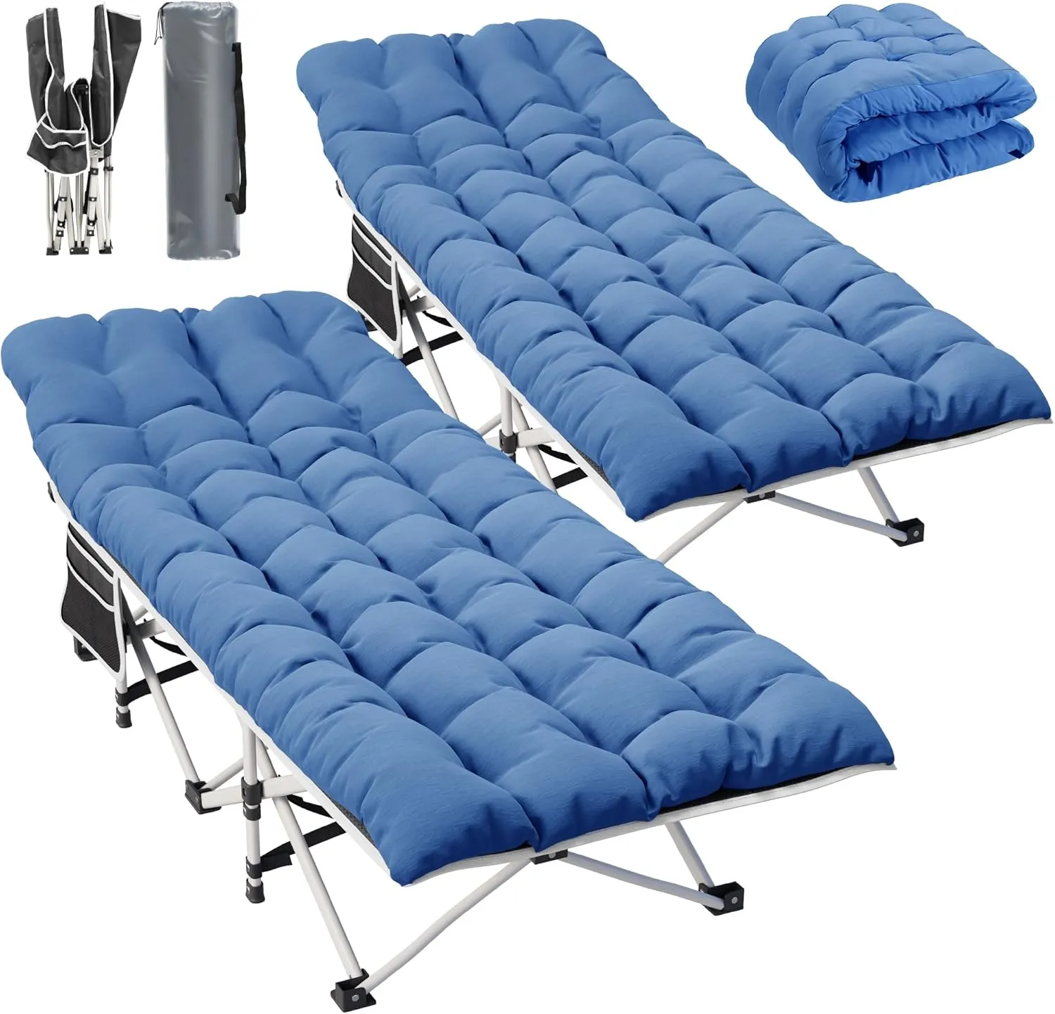 YITAHOME 2 Pcs Camping Cots w/Mattress Portable Lounge Chair Outdoor Folding Cot Heavy Duty 575 LB Capacity 1200D Oxford w/Carry Bag Travel Camp Bed for Camping, Office, Traveling, Navy Blue