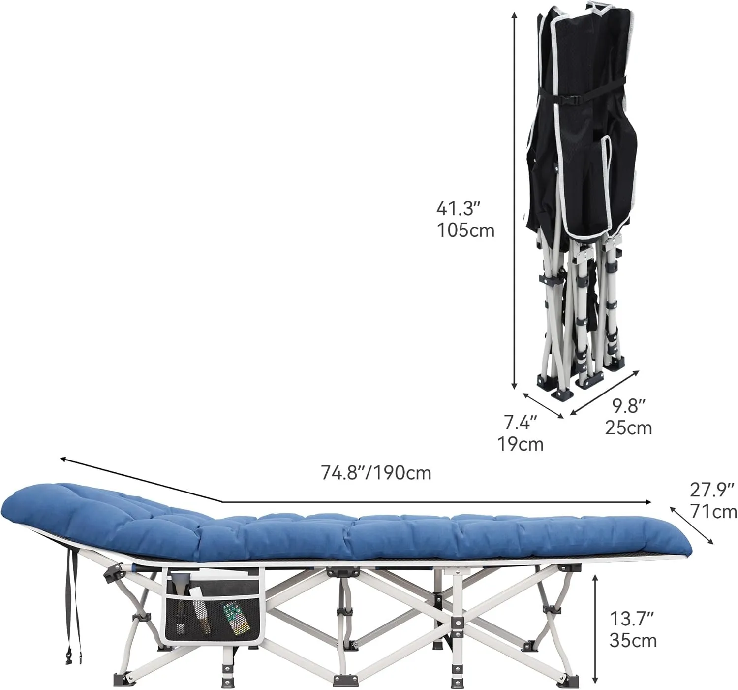 YITAHOME 2 Pcs Camping Cots w/Mattress Portable Lounge Chair Outdoor Folding Cot Heavy Duty 575 LB Capacity 1200D Oxford w/Carry Bag Travel Camp Bed for Camping, Office, Traveling, Navy Blue