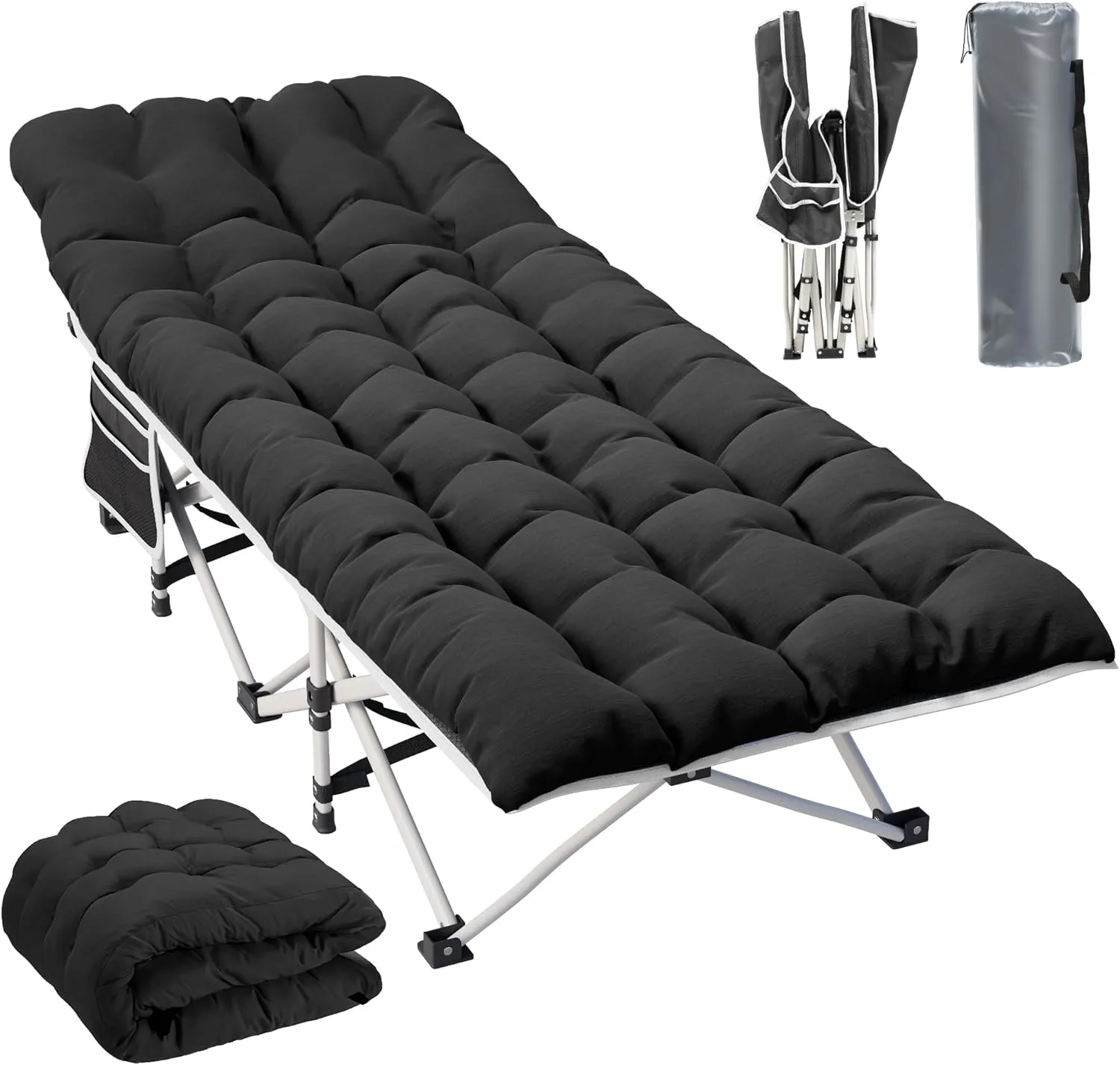YITAHOME Camping Cots w/Mattress Portable Lounge Chair Outdoor Folding Cot Heavy Duty 575LB Capacity 1200D Oxford w/Carry Bag Travel Camp Bed for Camping, Office, Traveling, Black