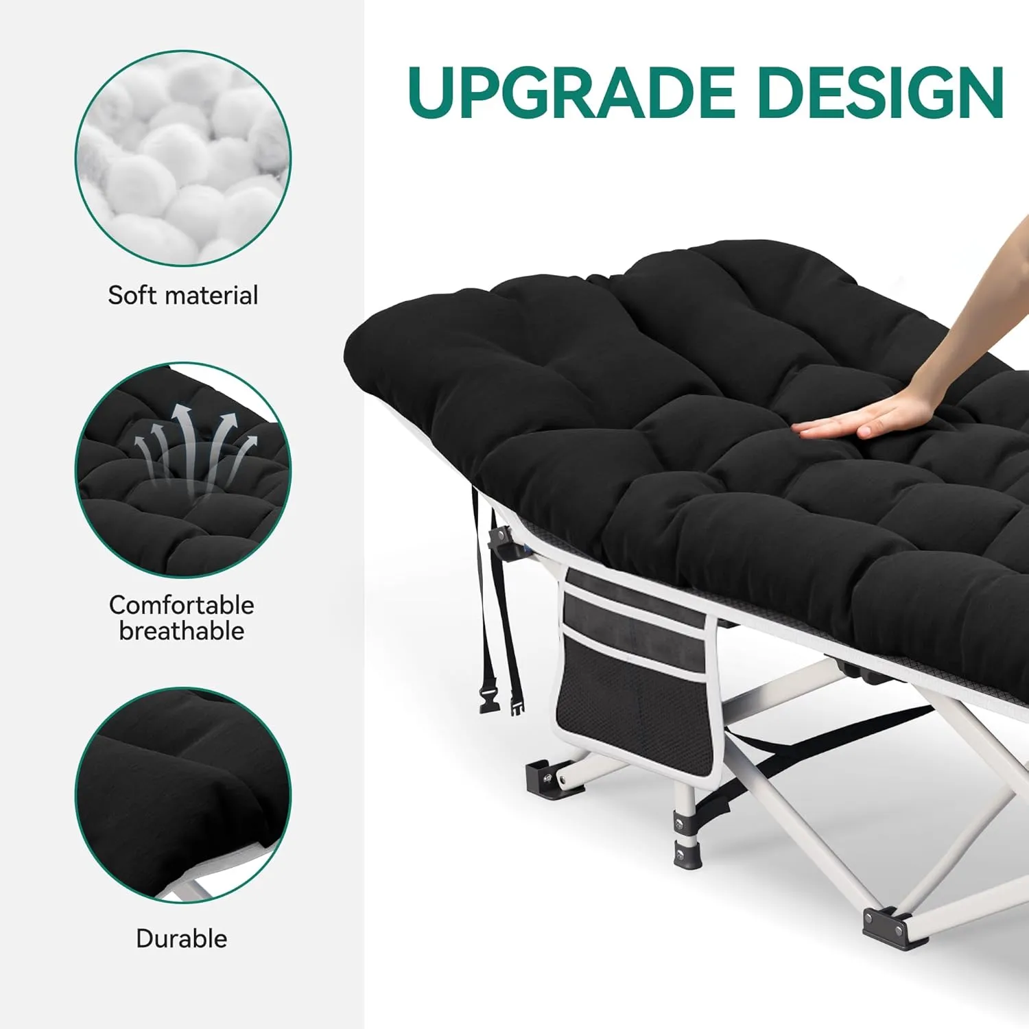 YITAHOME Camping Cots w/Mattress Portable Lounge Chair Outdoor Folding Cot Heavy Duty 575LB Capacity 1200D Oxford w/Carry Bag Travel Camp Bed for Camping, Office, Traveling, Black
